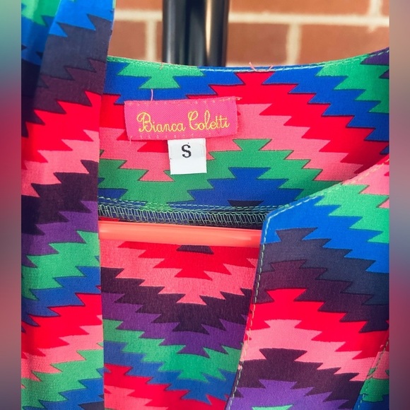 Bianca Colette Colorful Silk Zigzag Pattern Mod Retro Festival Party Dress - Picture 6 of 9